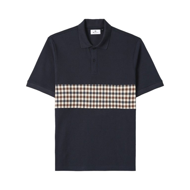 Aquascutum Active Club Check Insert Regular Fit Short Sleeve Polo - Navy