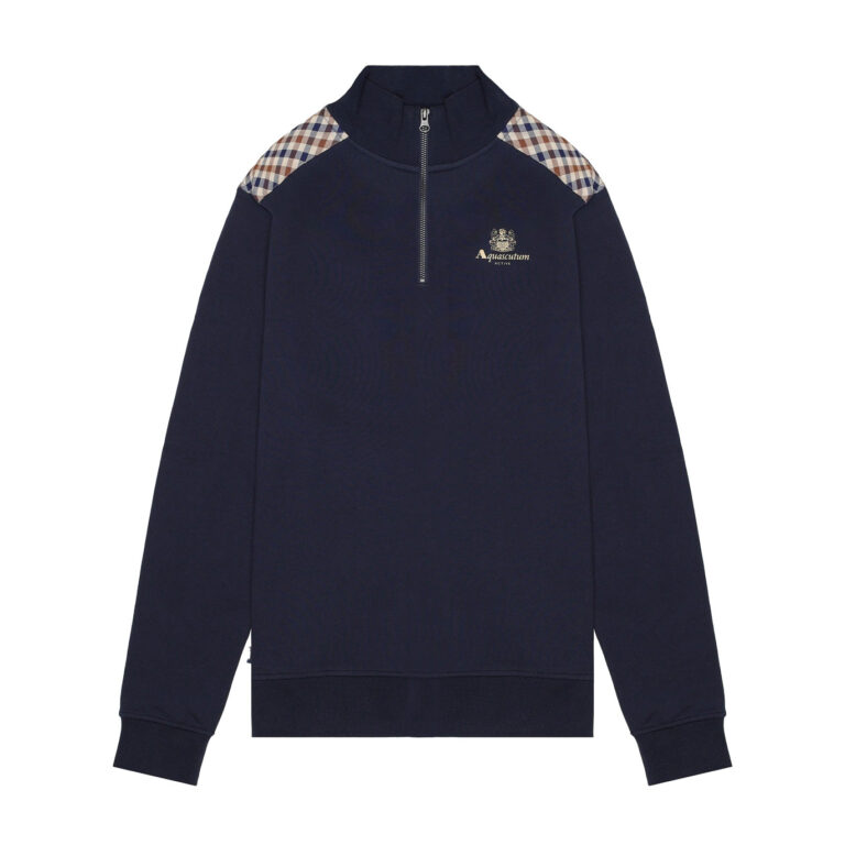 Aquascutum Active Club Check Shoulder Long Sleeve Regular Fit 1/4 Zip Fleece - Navy