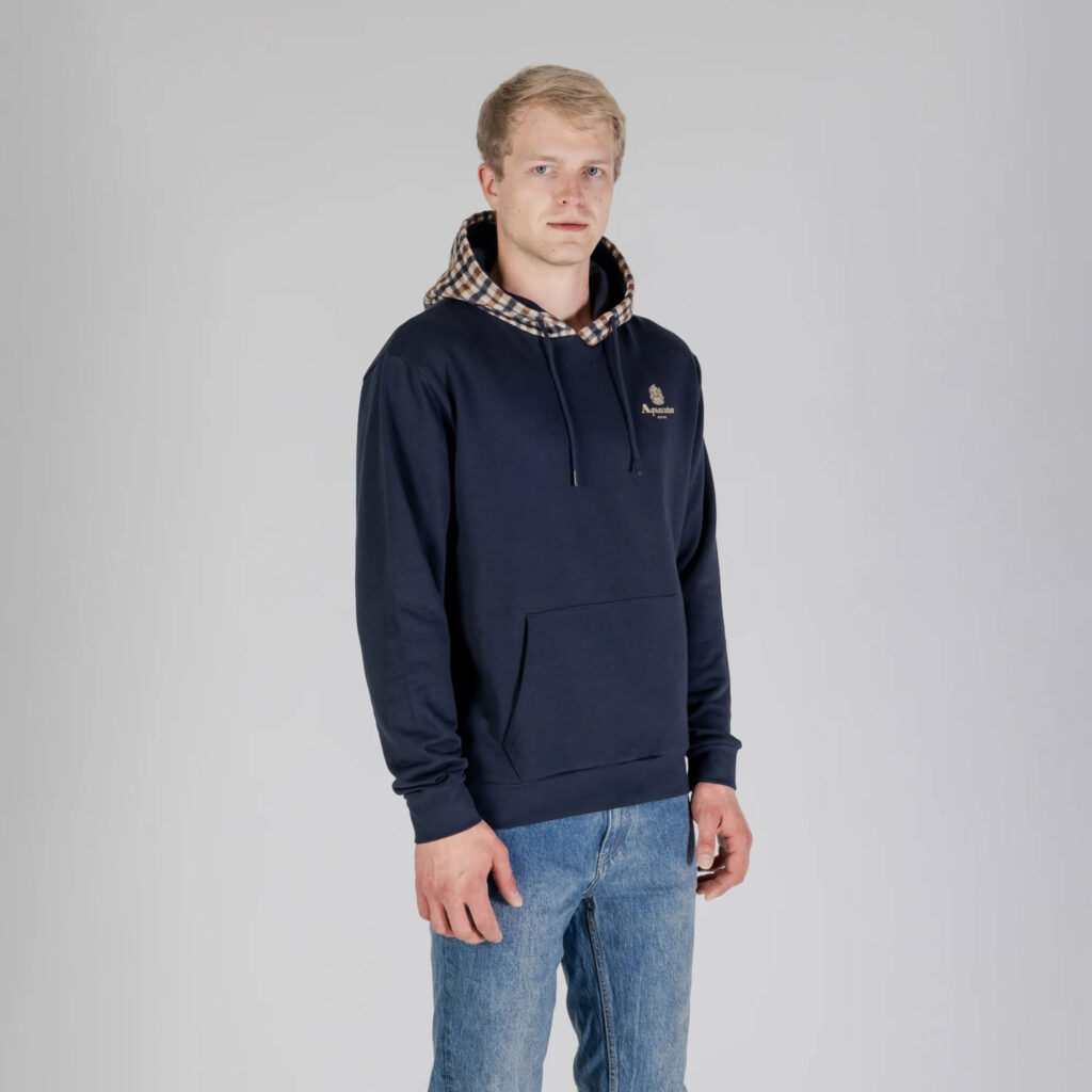 Aquascutum Active Long Sleeve Regular Fit Club Check Hooded Sweatshirt - Navy