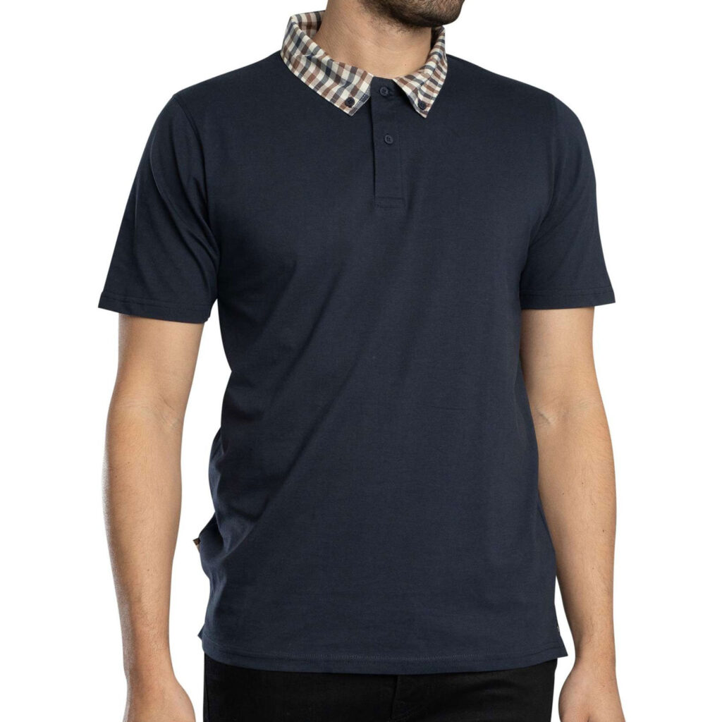 Aquascutum Active Supima Club Check Regular Fit Short Sleeve Rib Polo - Navy