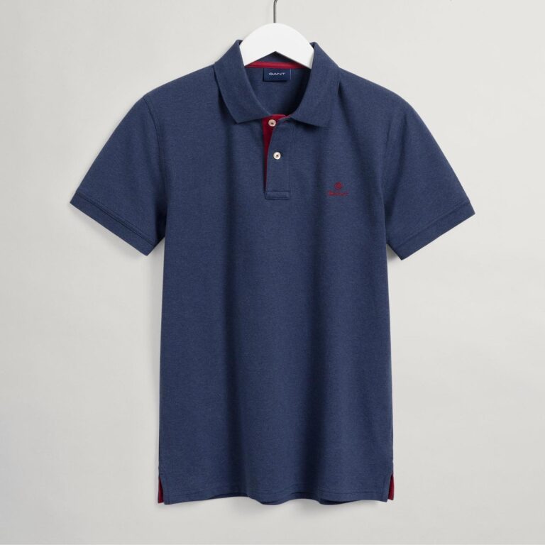 Gant Contrast Collar Pique Regular Fit Short Sleeve Polo Shirt - Marine Melange