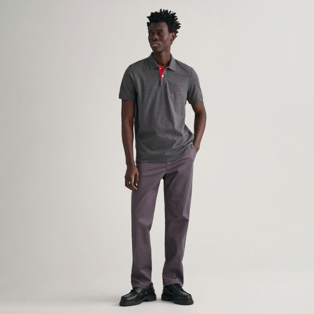 Gant Contrast Collar Pique Rugger Regular Fit Short Sleeve Polo Shirt - Antracit Melange/Red