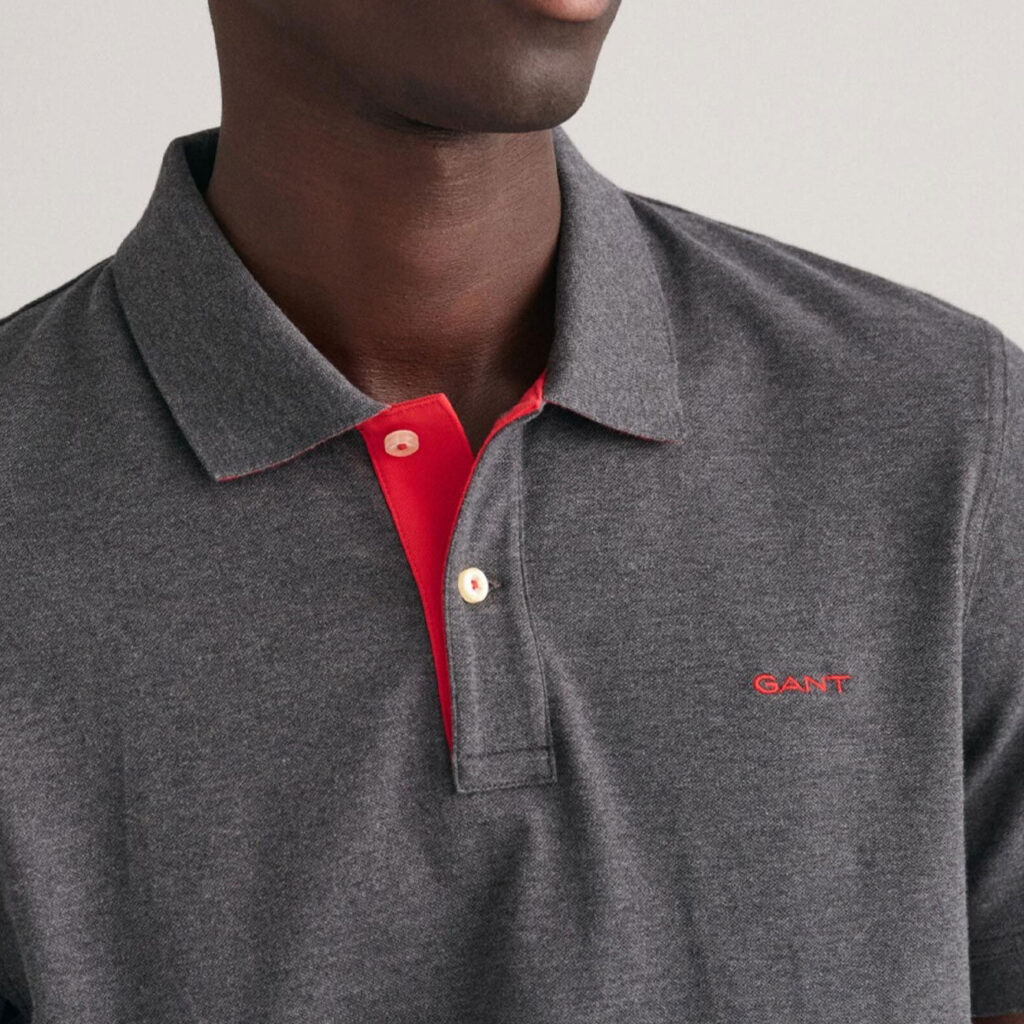Gant Contrast Collar Pique Rugger Regular Fit Short Sleeve Polo Shirt - Antracit Melange/Red
