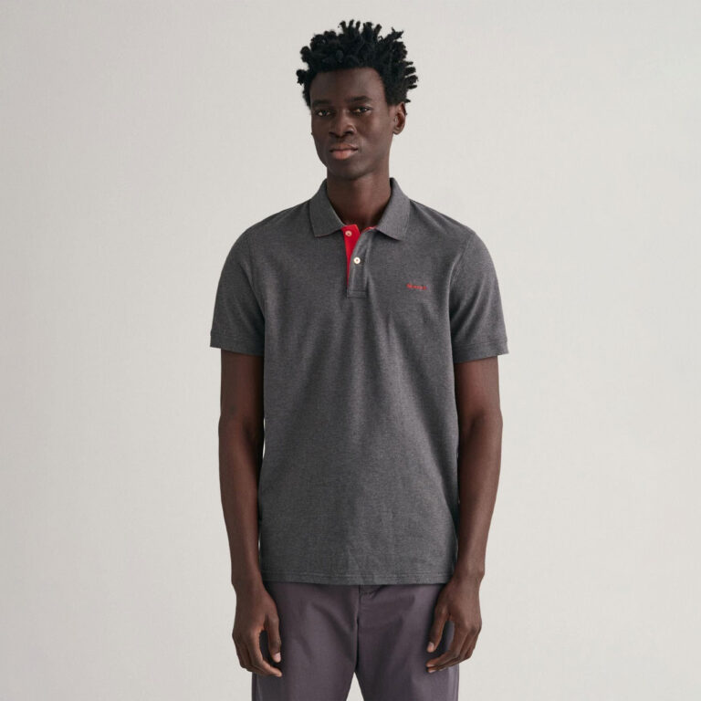 Gant Contrast Collar Pique Rugger Regular Fit Short Sleeve Polo Shirt - Antracit Melange/Red
