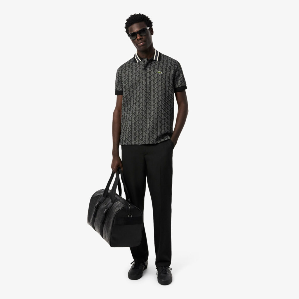 Lacoste Classic Fit Monogram Jacquard Polo Shirt - Black / Dark Grey 4PC