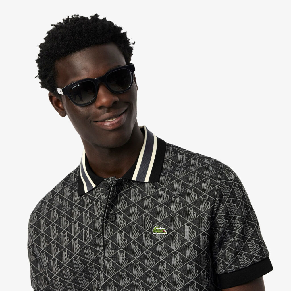 Lacoste Classic Fit Monogram Jacquard Polo Shirt - Black / Dark Grey 4PC
