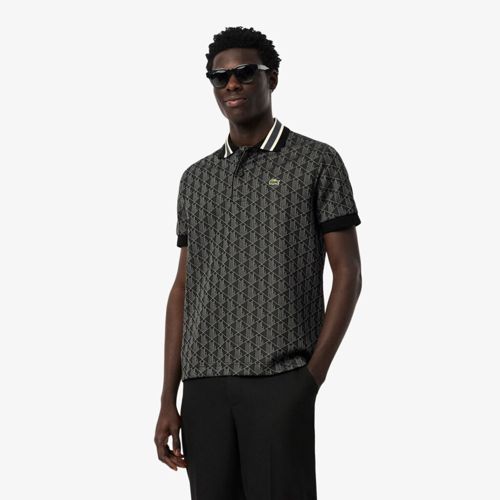 Lacoste Classic Fit Monogram Jacquard Polo Shirt - Black / Dark Grey 4PC