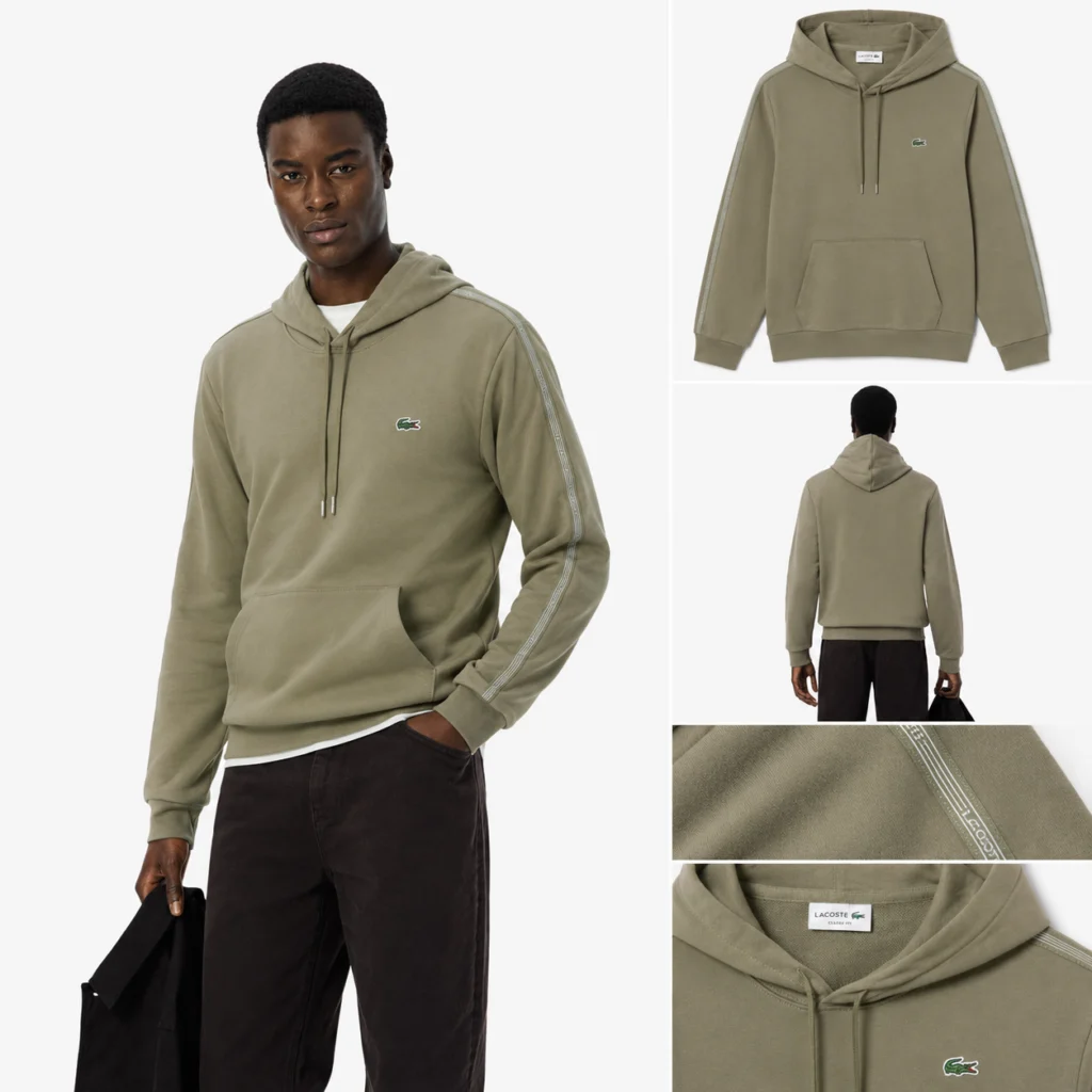 Lacoste Logo Stripe Zipped Hoodie - Khaki Green . BMY