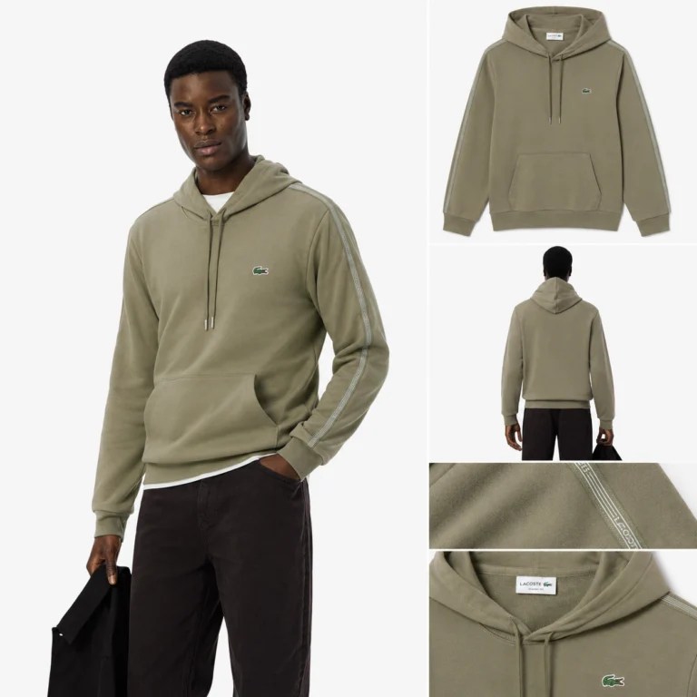 Lacoste Logo Stripe Zipped Hoodie - Khaki Green . BMY