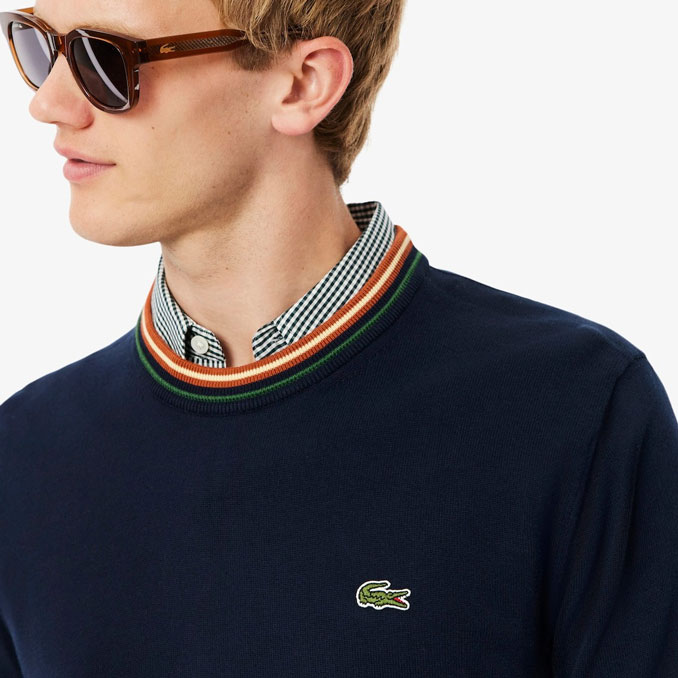 Lacoste Striped Cotton Jersey Sweater - Navy Blue / Brown 6P4