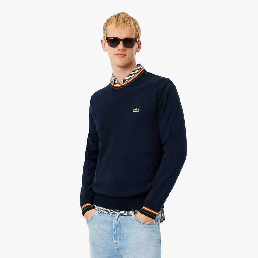 Lacoste Striped Cotton Jersey Sweater - Navy Blue / Brown 6P4
