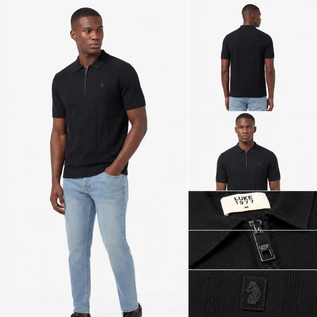 Luke Elgin Knit Check Polo 12GG - Black