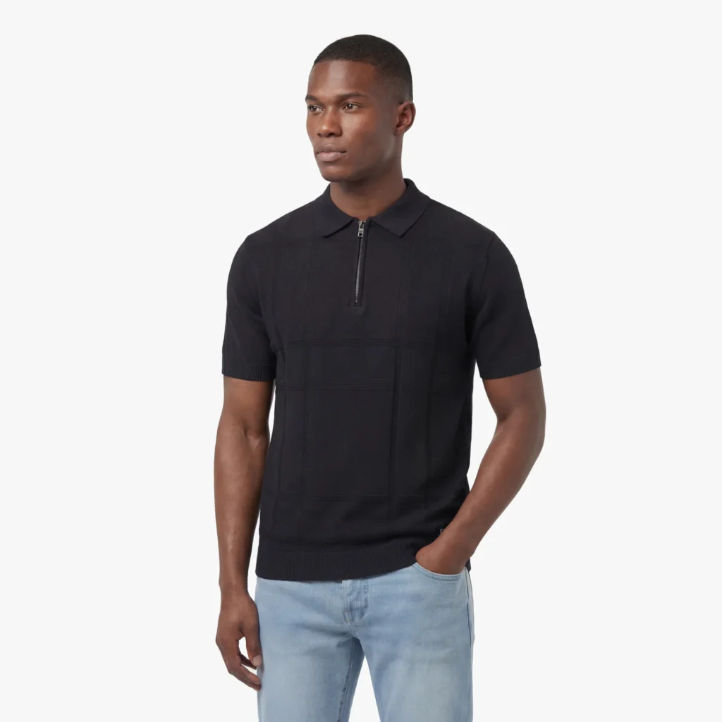 Luke Elgin Knit Check Polo 12GG - Black