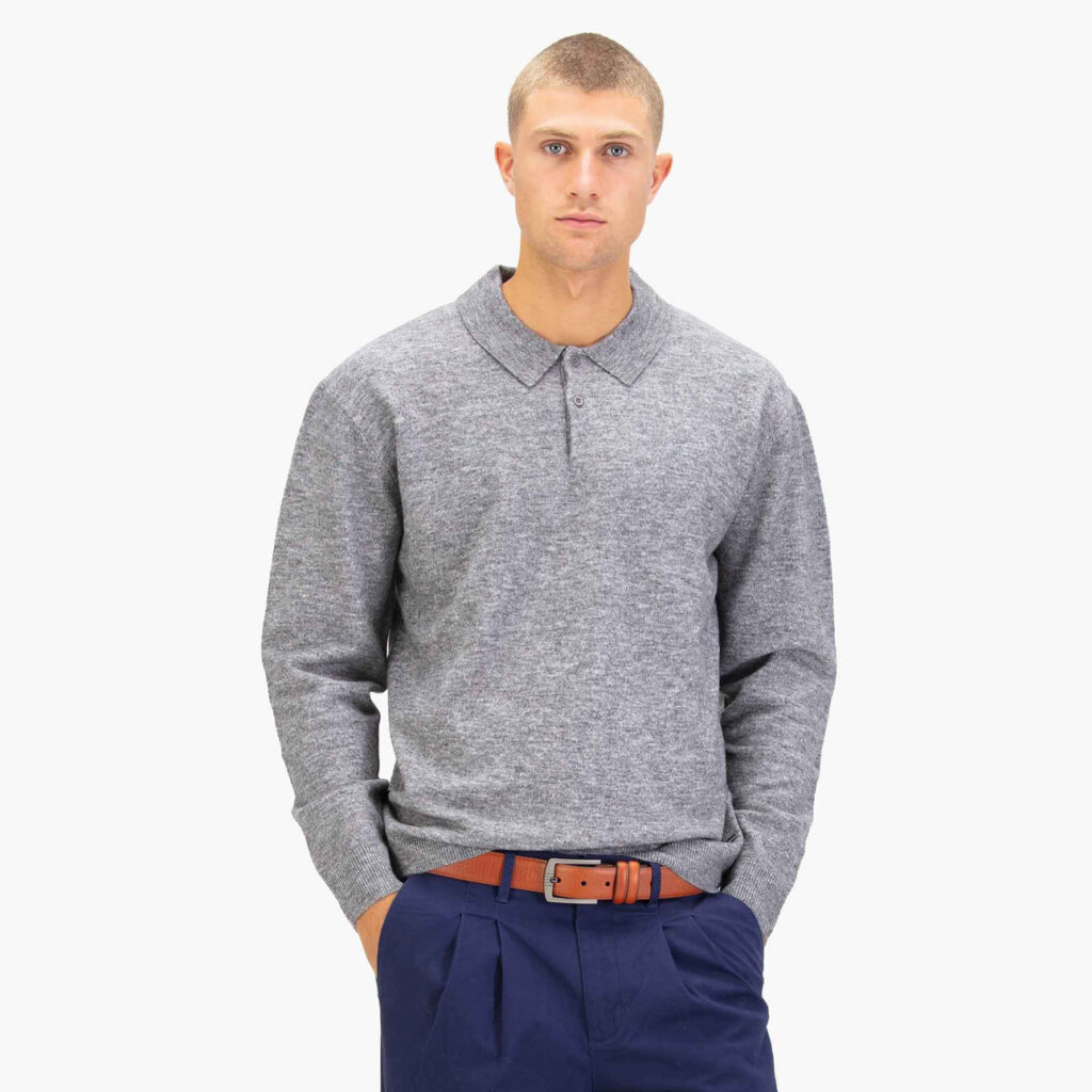 Luke Kingsbridge Long Sleeve Knitted Polo - Mid Mrl Grey