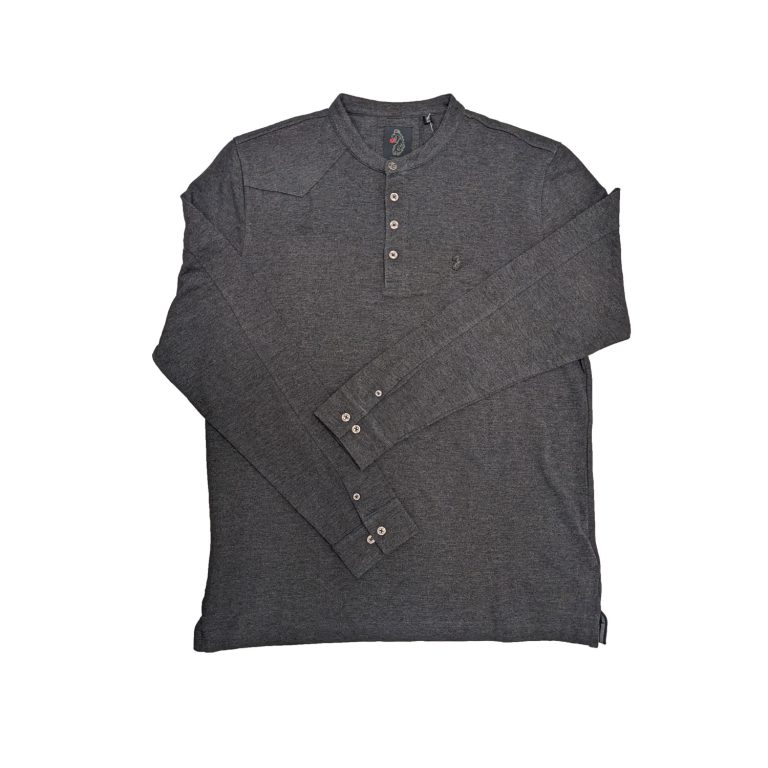 Luke Long Gert Grandad Collar Regular Fit Long Sleeve Polo Shirt - Marl Black