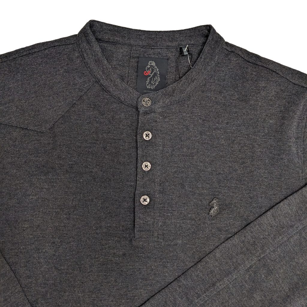 Luke Long Gert Grandad Collar Regular Fit Long Sleeve Polo Shirt - Marl Black