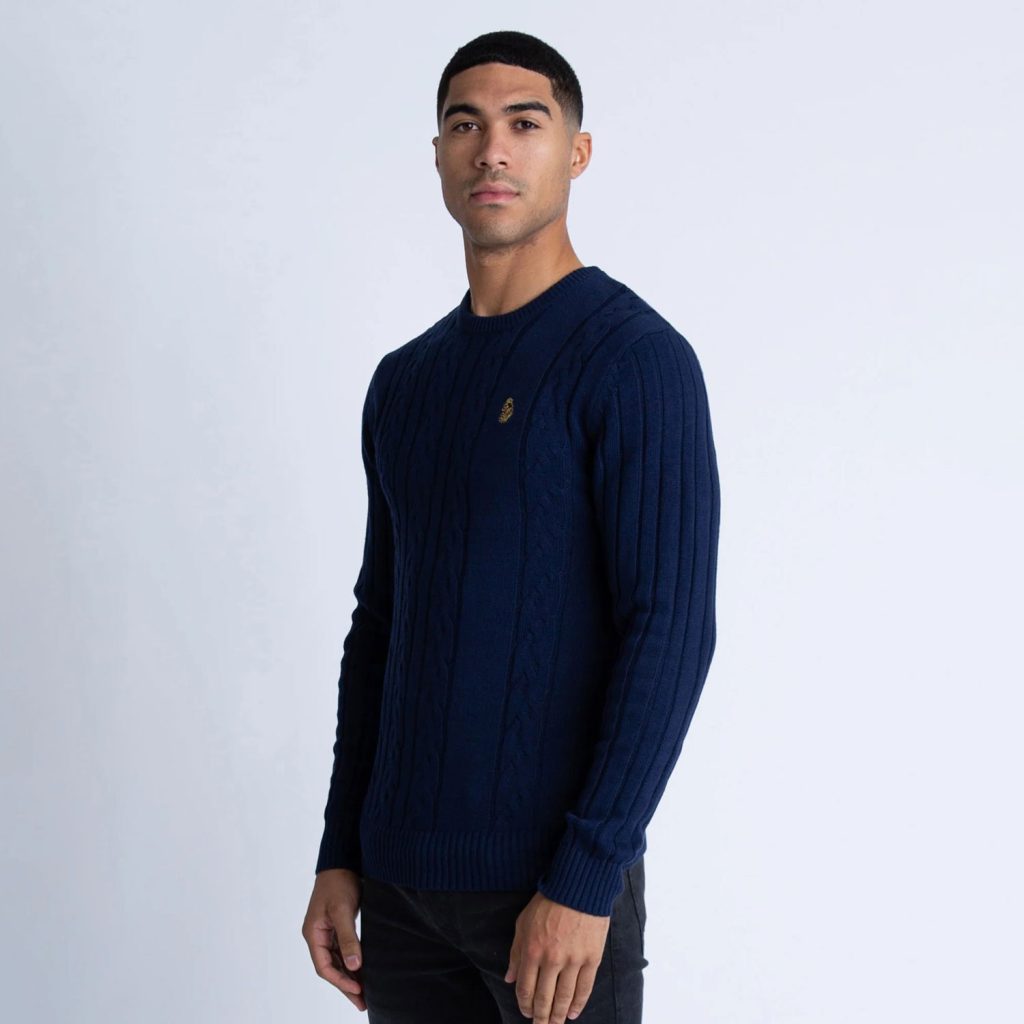 Luke Morden Textured Crew Neck Knitted Jumper - Navy