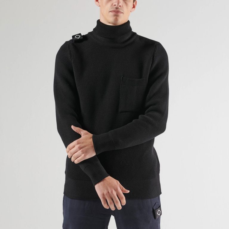 MA.STRUM Milano Regular Fit Long Sleeve Knit Roll Neck Sweatshirt - Jet Black