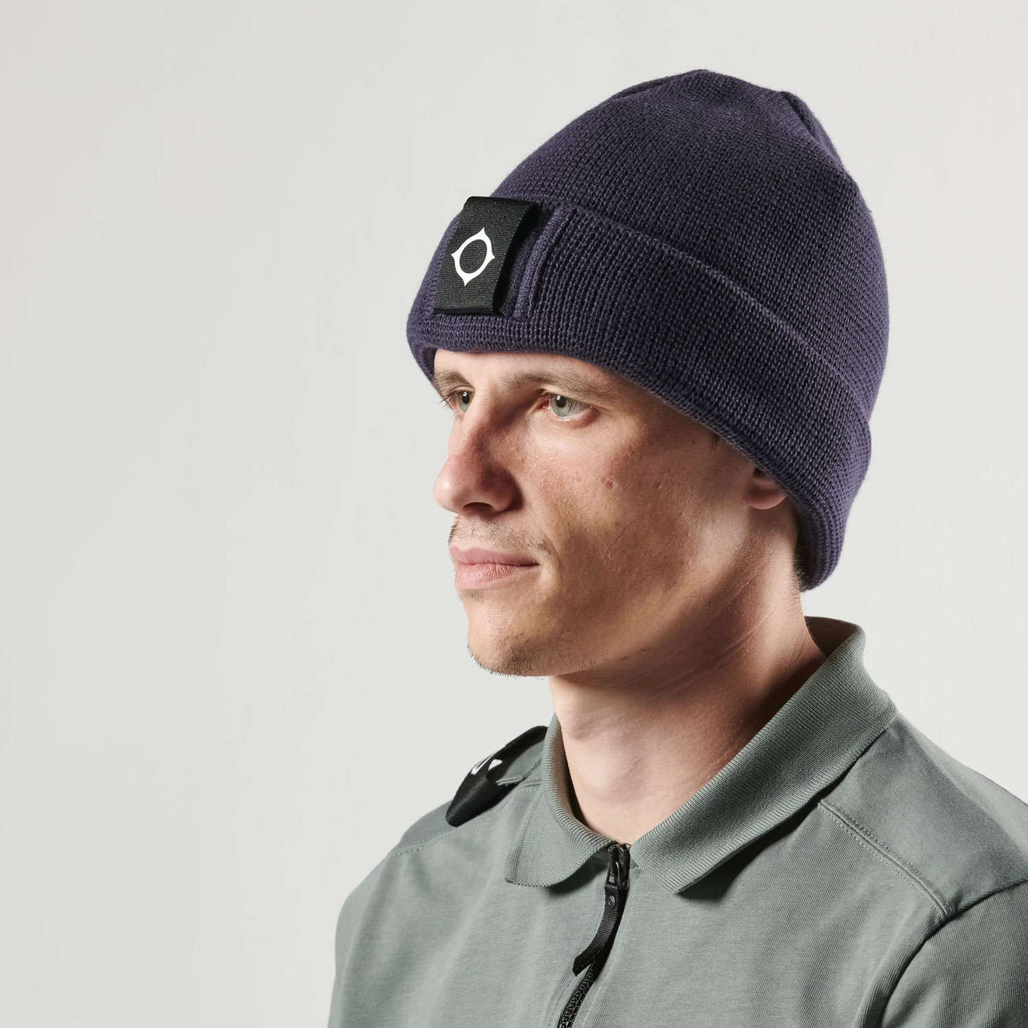 MA.STRUM Label Knit Beanie - Navy Blue | Men
