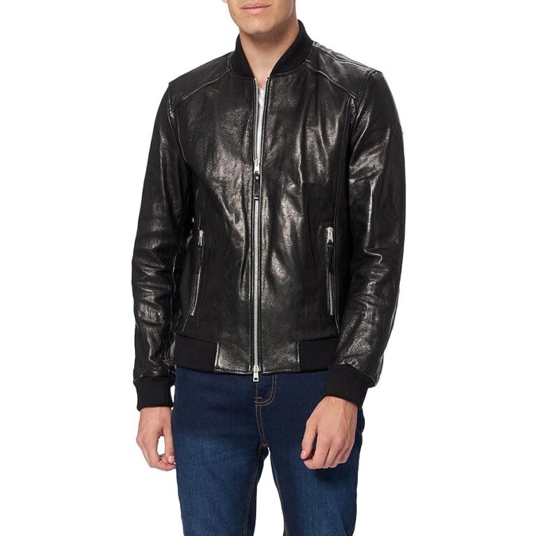 Replay Genuine Leather Quilted Bomber Style Regular Fit Long Sleeve Jacket - Black