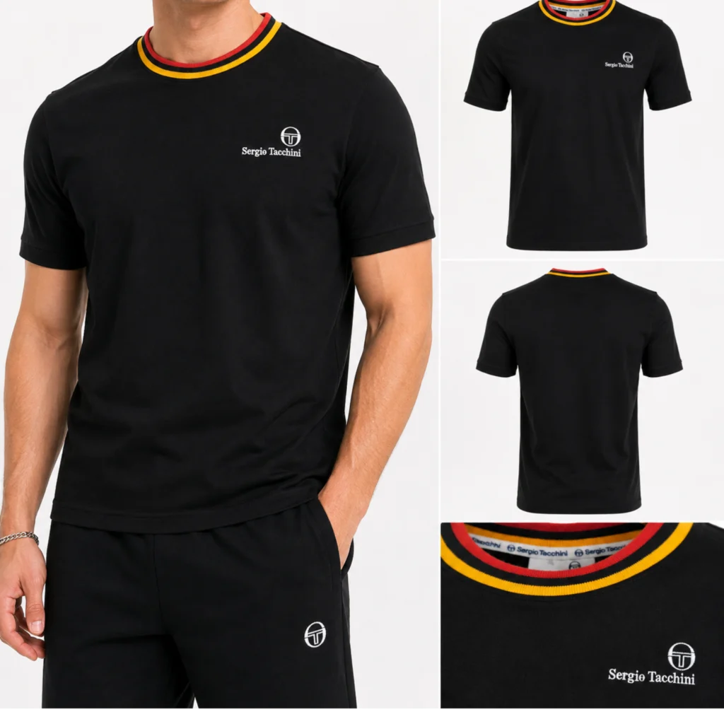 Sergio Tacchini Rainer FC T-Shirt - Black / Old Gold / Adrenaline Rush