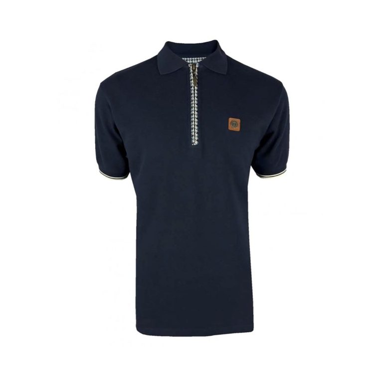 Trojan Houndstooth Trim Zip Regular Fit Short Sleeve Polo Shirt - Navy