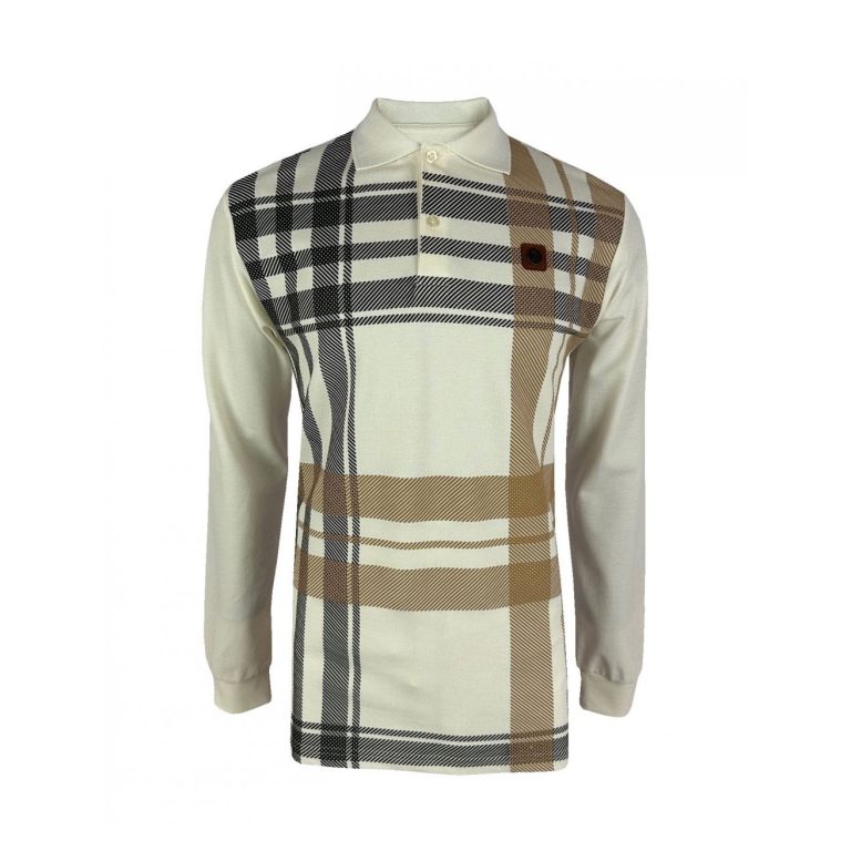 Trojan Regular Fit Long Sleeve Check Polo Shirt - Ecru