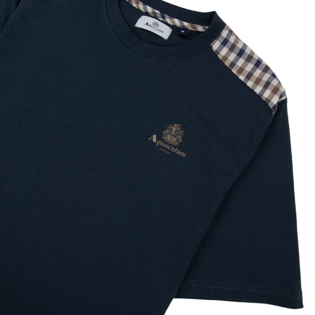 Aquascutum Active Club Check Shoulder Regular Fit Short Sleeve T-Shirt - Navy